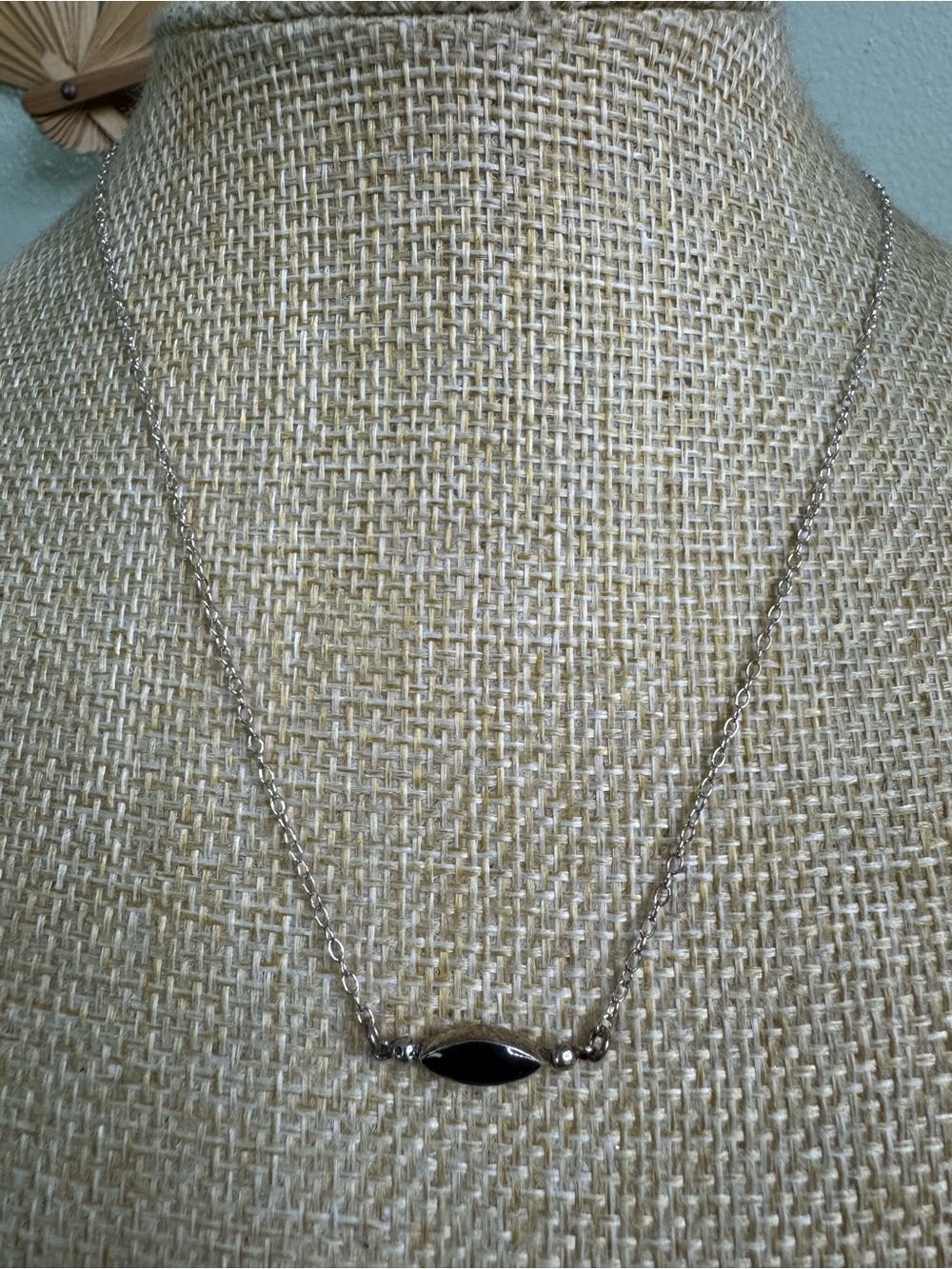 Sterling Silver Black Enamel Marquise Chain Necklace 925 Deadstock Vintage